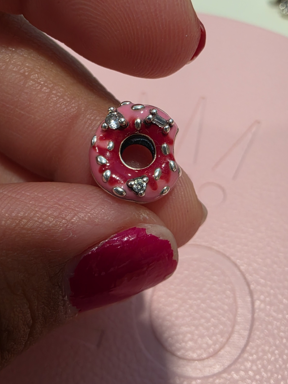 Pandora Pink Donut Charm Bead with Silver Accents